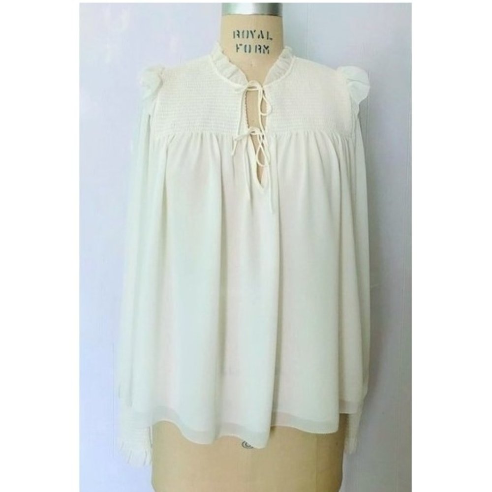 ARITZIA WILFRED CREAM SMOCKED LACE-UP RUFFLE BLOUSE M NWT - Picture 6 of 15